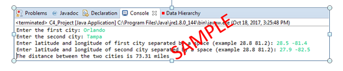 program that accepts the coordinates of two cities, and outputs the distance