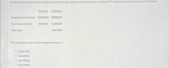  Sunland Department Store estimates inventory by using the retail inventory method.