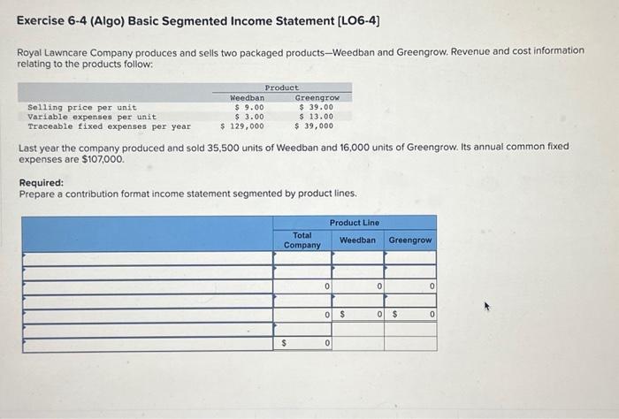 unsure of how to solve Exercise 6-4 (Algo) Basic Segmented Income Statement