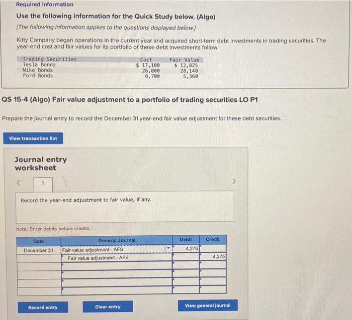 Required information Use the following information for the Quick Study below.