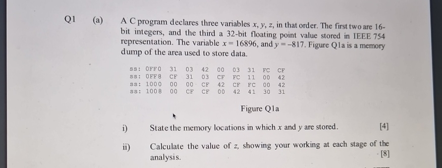 Q1(a) A C program declares three variables x,y,z, in that order.