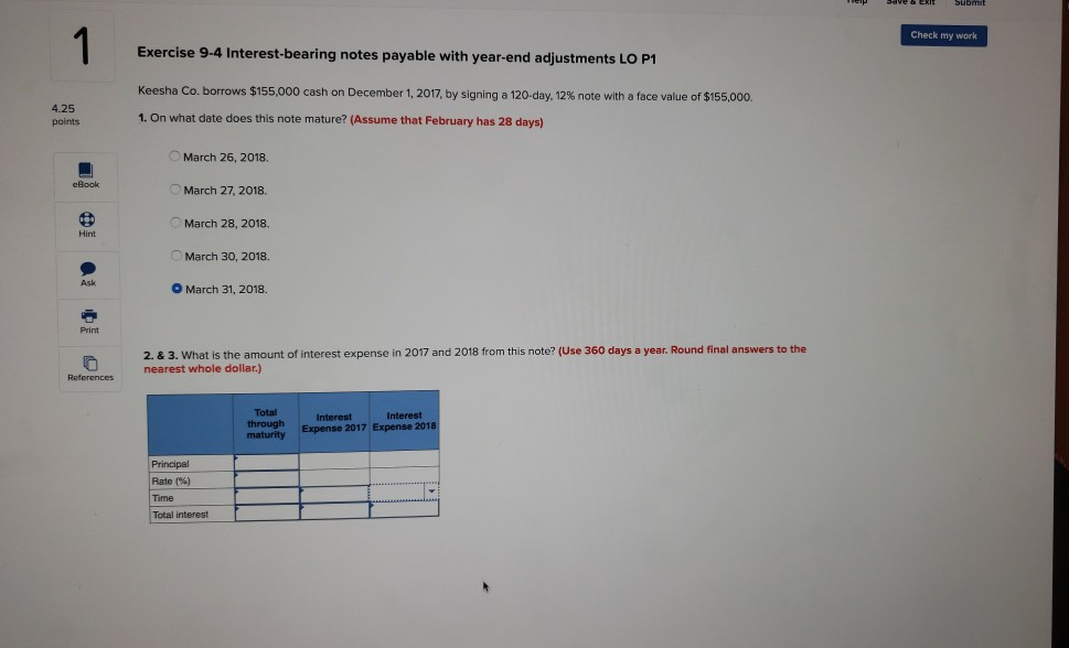  Help save & ERIE Submit Check my work Exercise 9-4 Interest-bearing