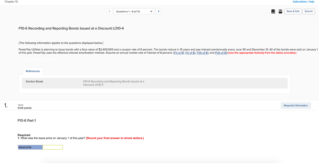 Chapter 10 instructions help Save & Exit Submit Questions 1-4 (of