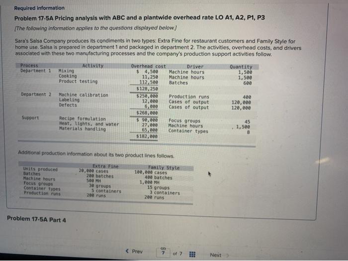  Required information Problem 17-5A Pricing analysis with ABC and a plantwide