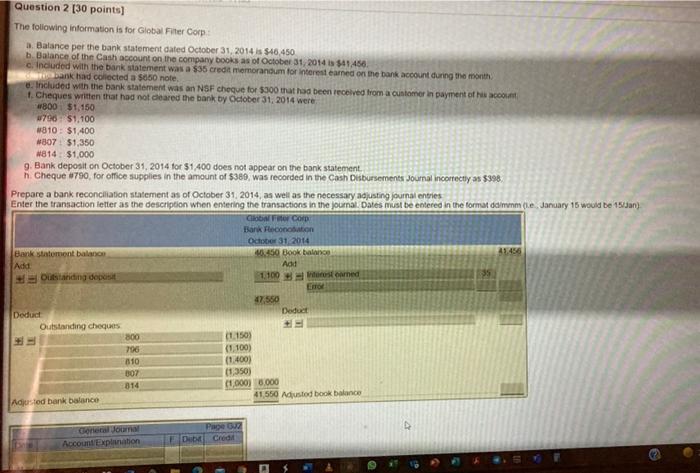  Question 2 [30 points] The following information is for Global Fiter