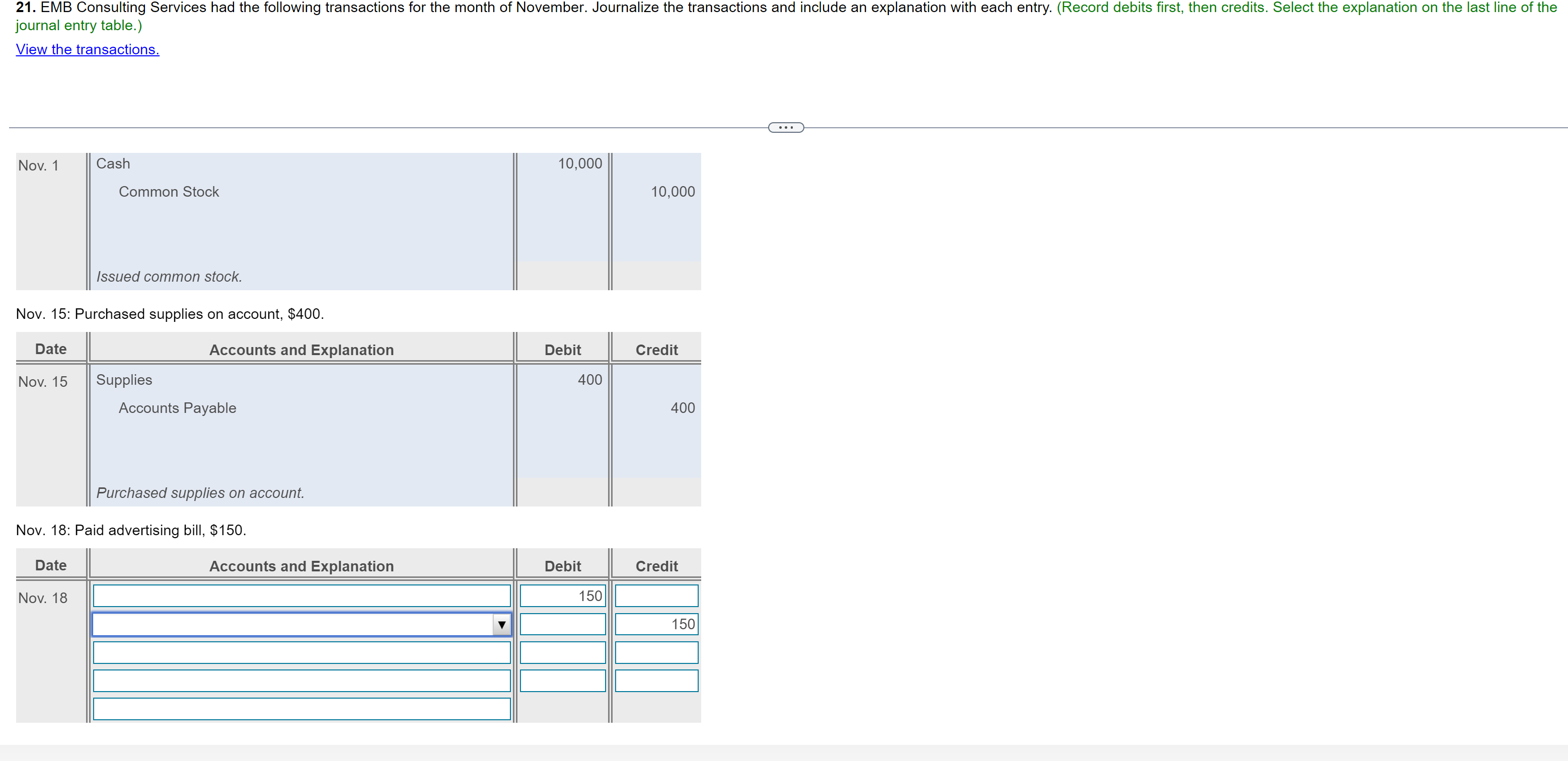  journal entry table.) View the transactions. Nov. 1 Cash Common Stock
