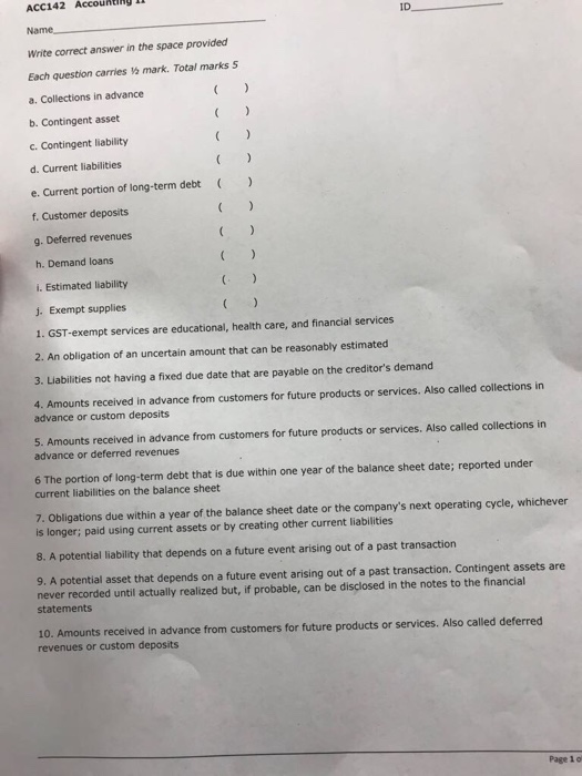  ACC142 Accounting ID Write correct answer in the space provided Each