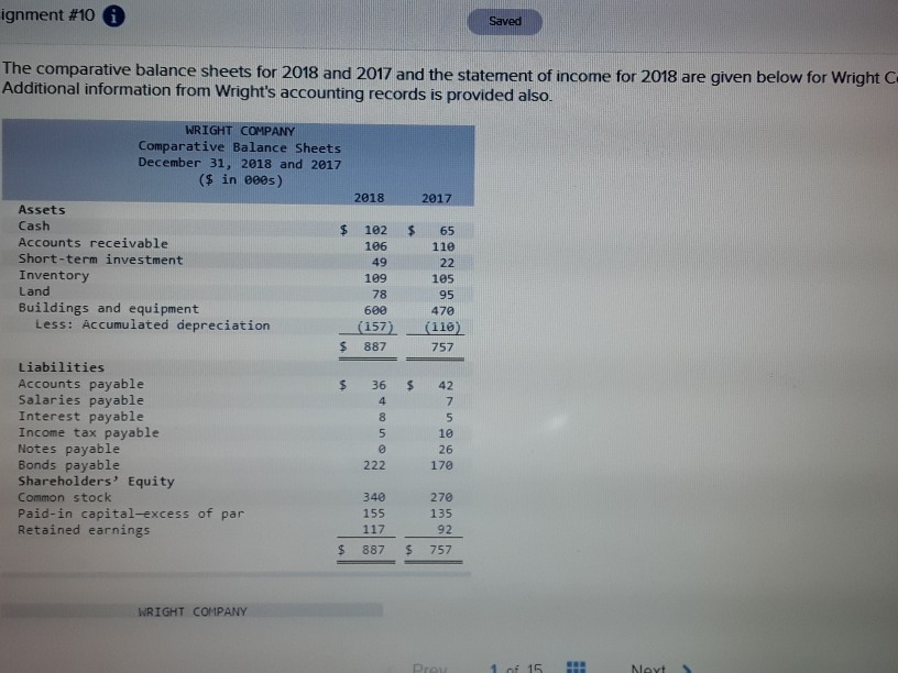  ignment #10 A Saved The comparative balance sheets for 2018 and