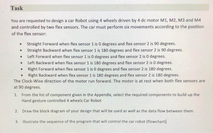  You are requested to design a car Robot using 4 wheels