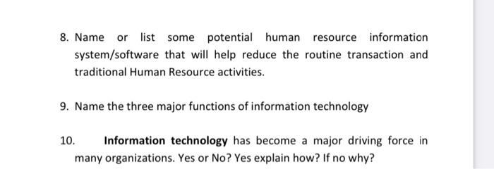 8. Name or list some potential human resource information system/software that