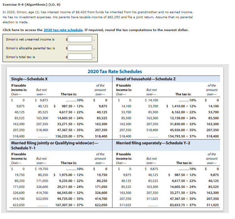  Exercise 9-6 (Algorithmic) (LO. 6) In 2020, Simon, age 12, has