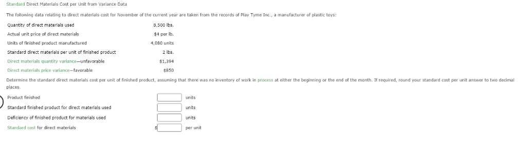 Standard Direct Materials Cost per Unit from Variance Data The following