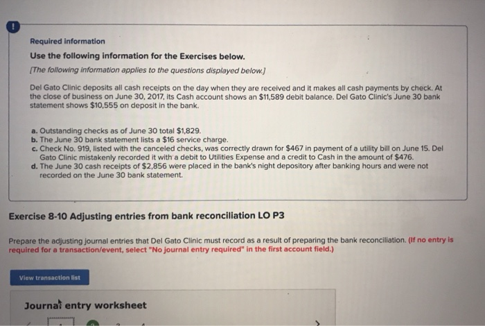  Required information Use the following information for the Exercises below. The