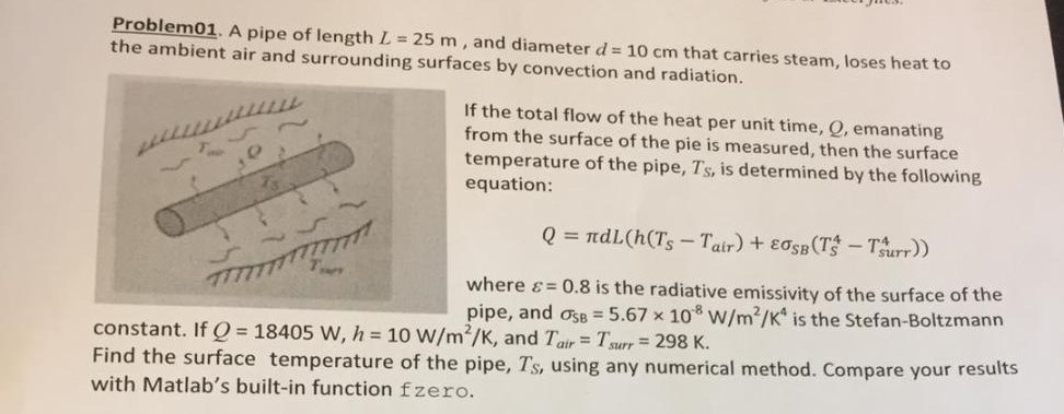 Please provide Matlab solution with Function at seperate m.file Problem01. A pipe