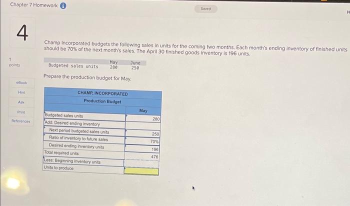  Chapter 7 Homework Saved 4 Champ Incorporated budgets the following sales