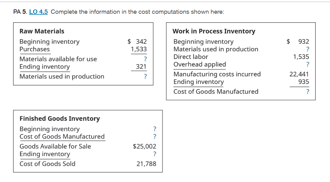PA 5. LO 4.5Complete the information in the cost computations shown here:Three