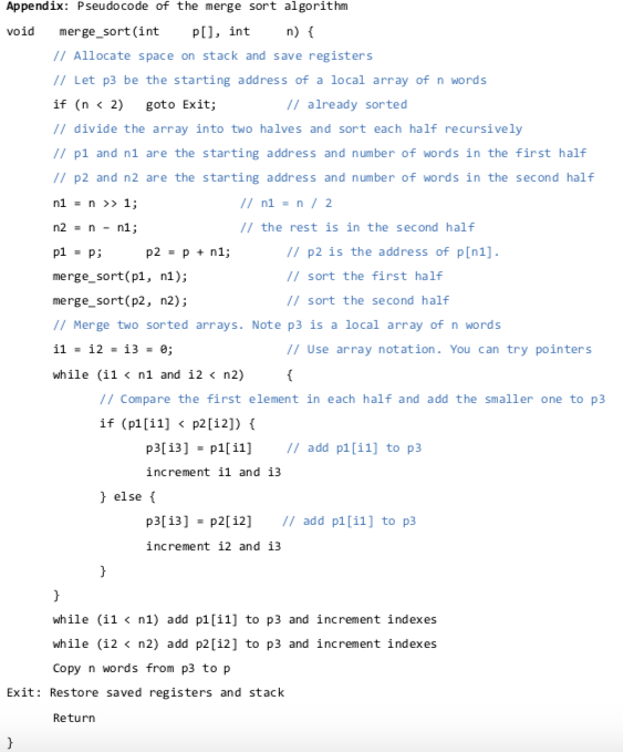 change C CODE to Merge sort IN MIPS assembly language Merge sort