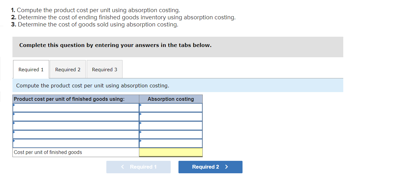 1. Compute the product cost per unit using absorption costing. 2.