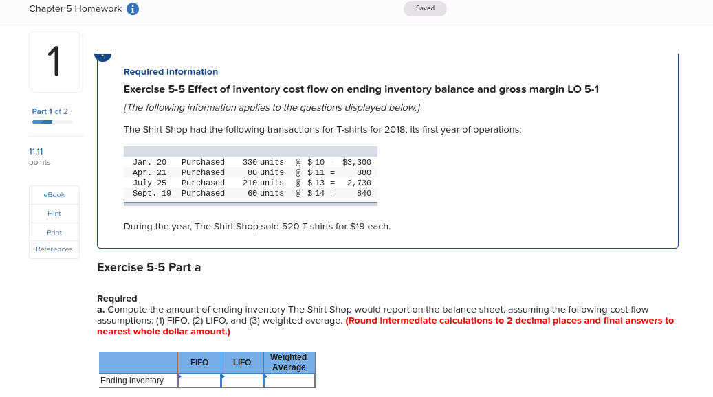  Chapter 5 Homework A Saved Required information Exercise 5-5 Effect of