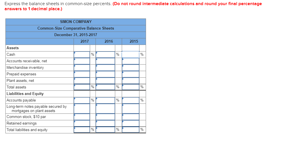 percents LO P2 Simon Company's year-end balance sheets follow. 2017 2016 2015