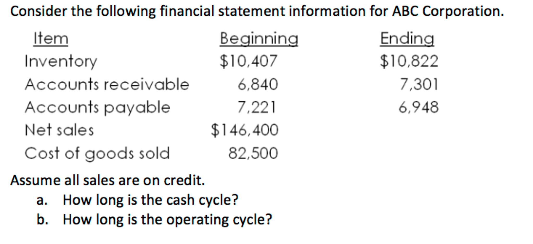 Show work Consider the following financial statement information for ABC Corporation. Assume