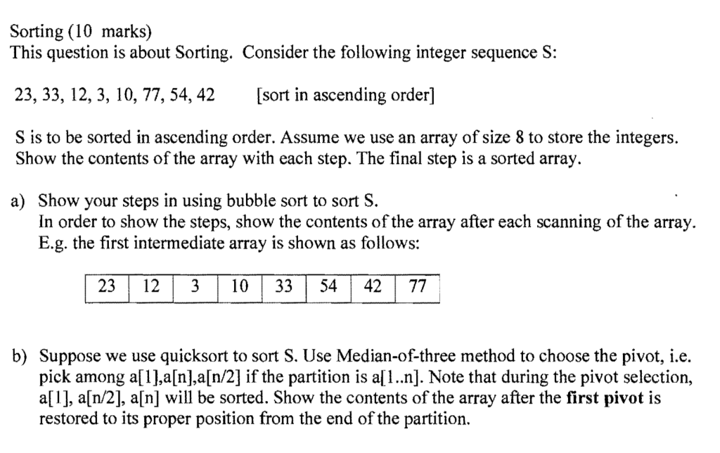 Data structure 15 Sorting (10 marks) This question is about Sorting. Consider