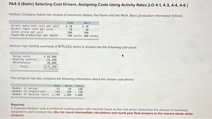  PA4-3 (Static) Selecting Cost Drivers, Assigning Costs Using Activity Rates (LO
