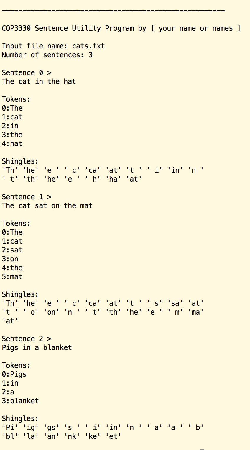 for each sentence. Templates are provided below for implementing the program as