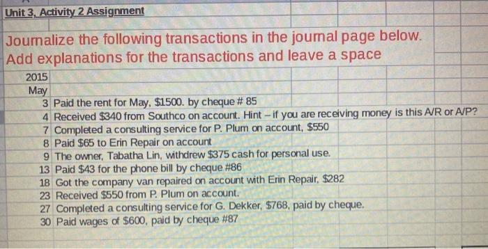  Unit 3, Activity 2 Assignment Journalize the following transactions in the