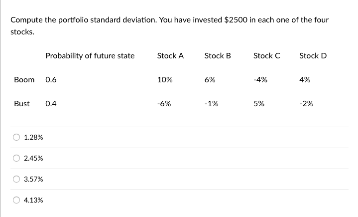 Please Help!!! Been up for an hour now!! Compute the portfolio standard