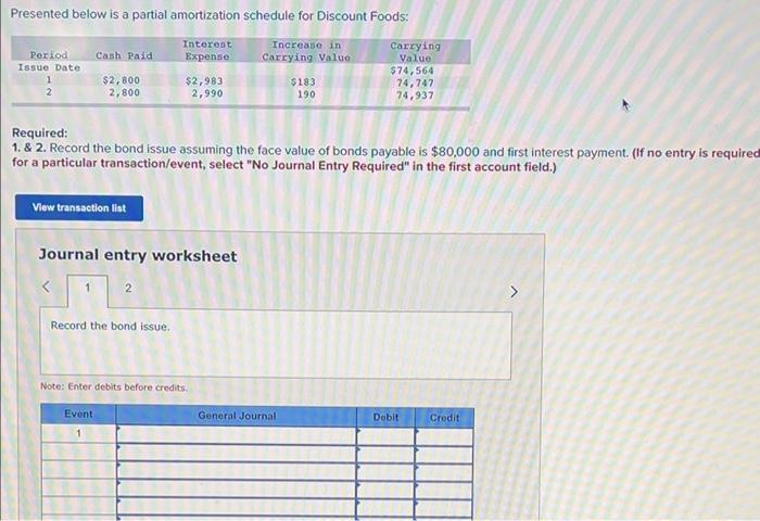  Presented below is a partial amortization schedule for Discount Foods: Required: