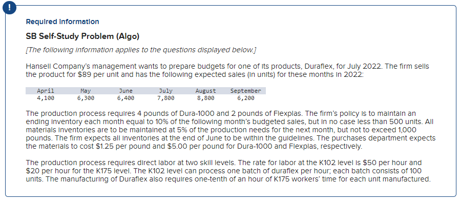 Required Information SB Self-Study Problem (Algo) [The following information applies to