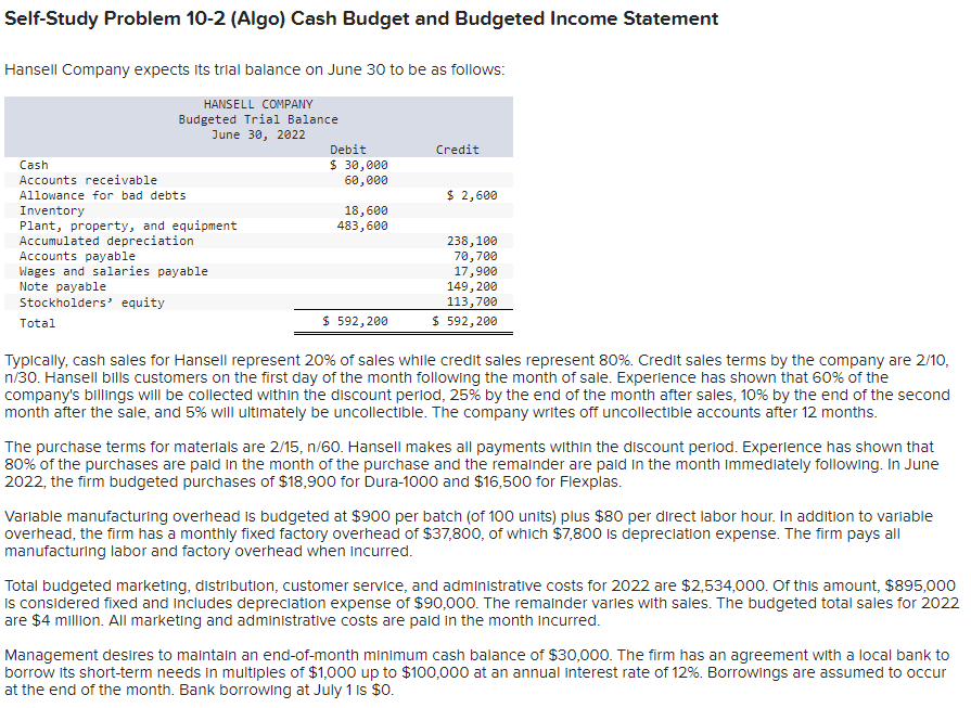 the questions displayed below.] Hansell Company's management wants to prepare budgets for