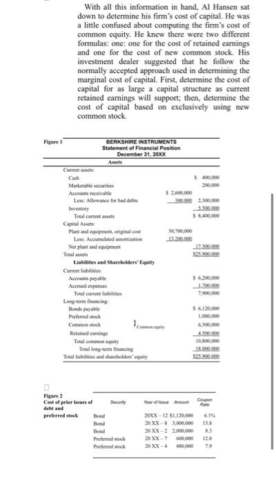 Al Hansen sat down to determine his firm's cost of capital. He