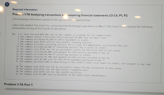  Required information Problem 1-7A Analyzing transactions or preparing financial statements LO