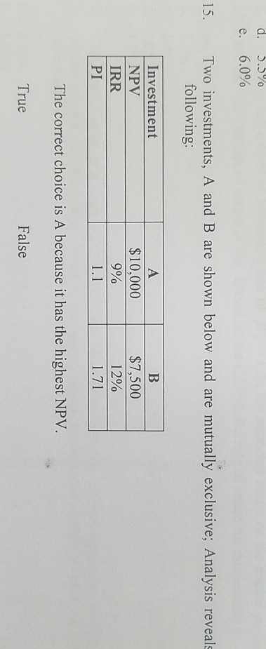  d. 5.5% 6.0% e. 15. Two investments, A and B are