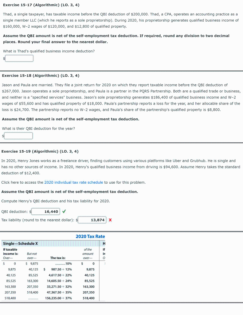 Exercise 15-17 (Algorithmic) (LO. 3, 4) Thad, a single taxpayer, has