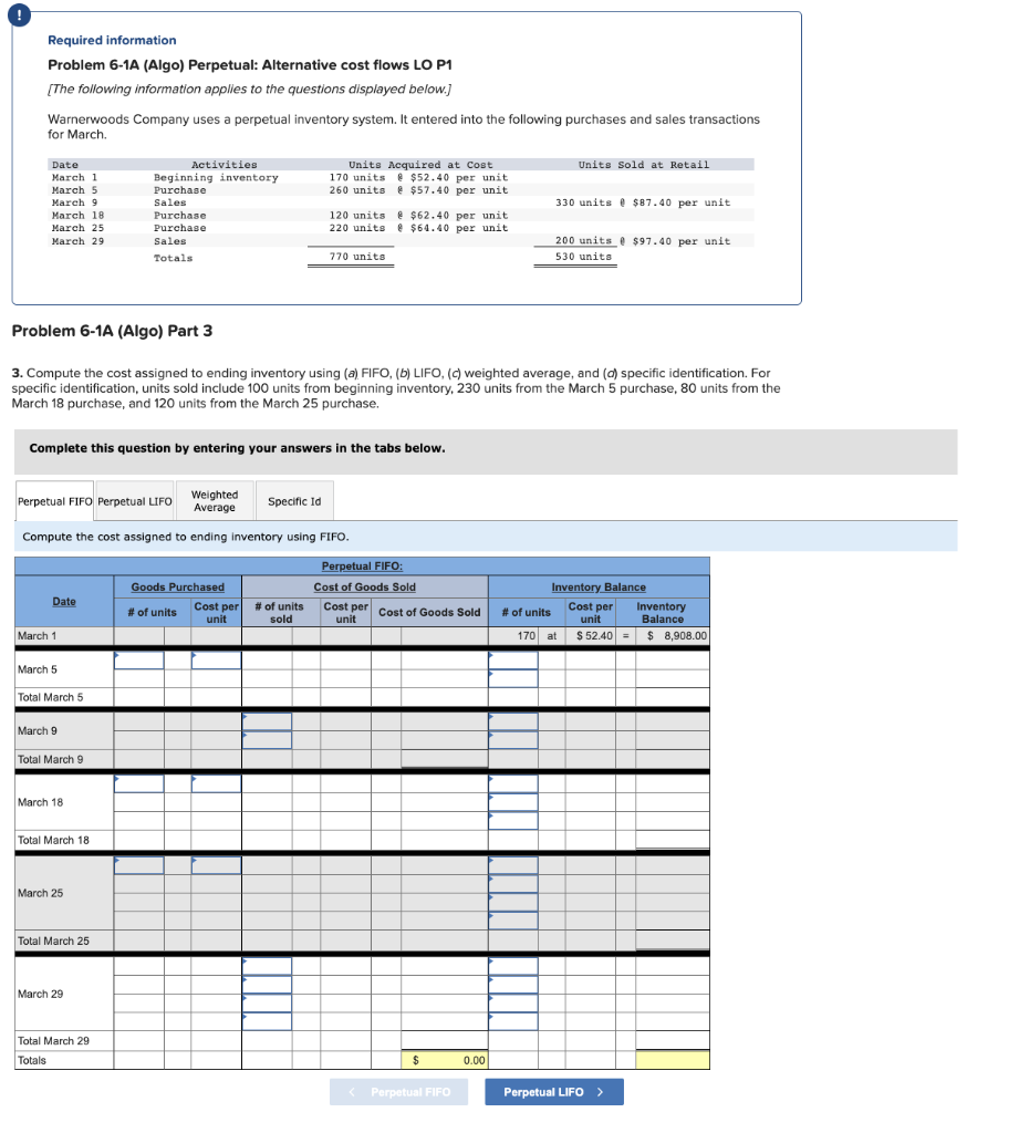 Required information Problem 6-1A (Algo) Perpetual: Alternative cost flows LO P1