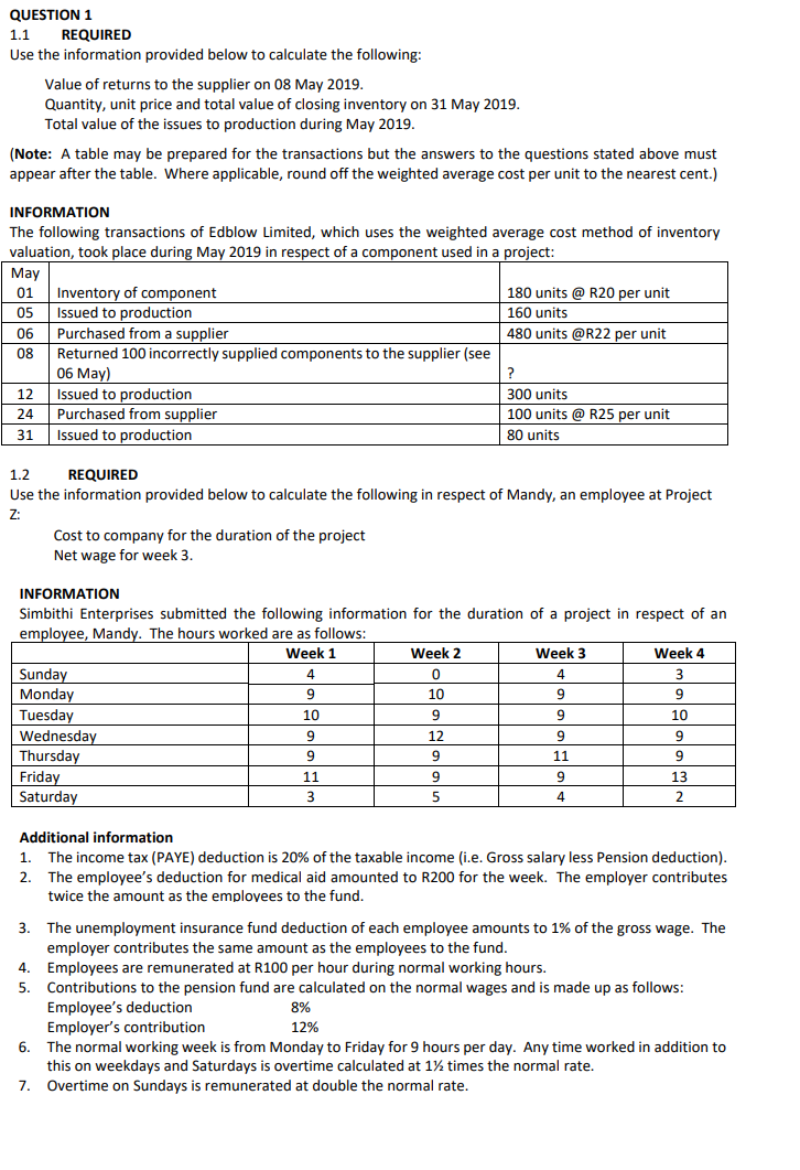 QUESTION 1 1.1 REQUIRED Use the information provided below to calculate