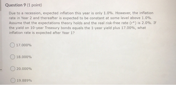 Question 9 (1 point) Due to a recession, expected inflation this