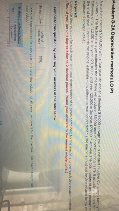  Problem 8-2A Depreciation methods LO P1 A machine costing $209,.200 with