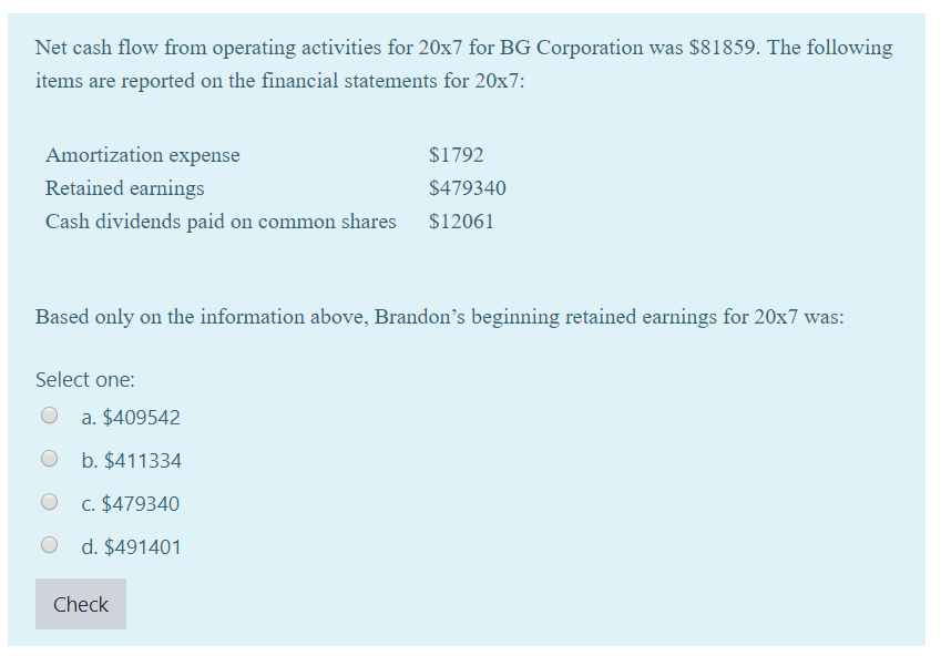 Net cash flow from operating activities for 20x7 for BG Corporation