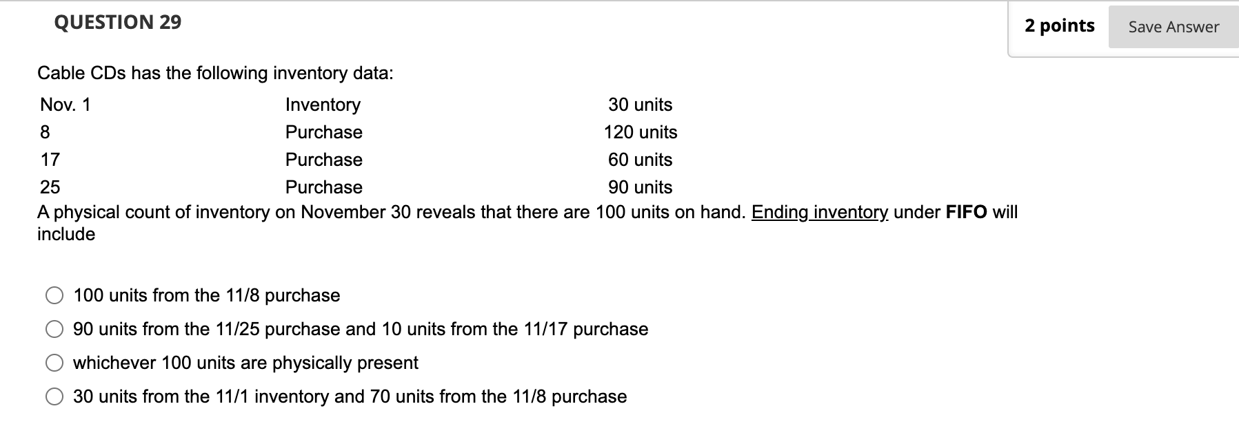 Cable CDs has the following inventory data: A physical count of