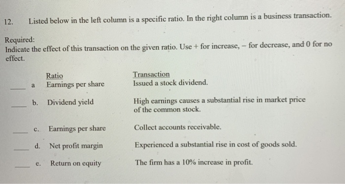  12. Listed below in the left column is a specific ratio.
