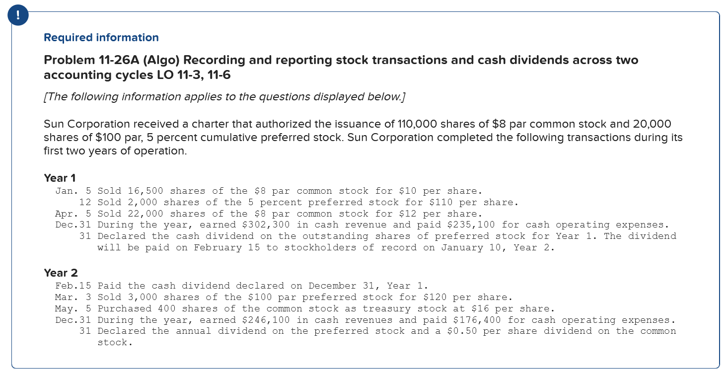 ! Required information Problem 11-26A (Algo) Recording and reporting stock transactions