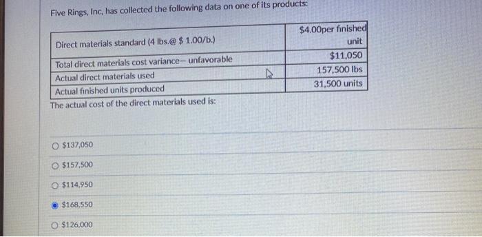  Five Rings, Inc, has collected the following data on one of