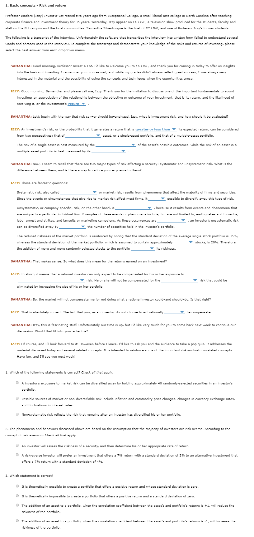Dropdown options: 1-risk/return 2-equal to/greater or less than 3-self contained/stand-alone 4-variance/standard deviation
