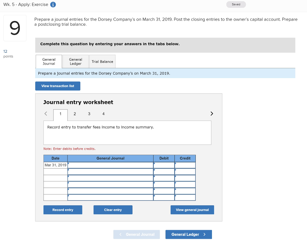 for the month ended March 31, 2019, is shown below. Open the