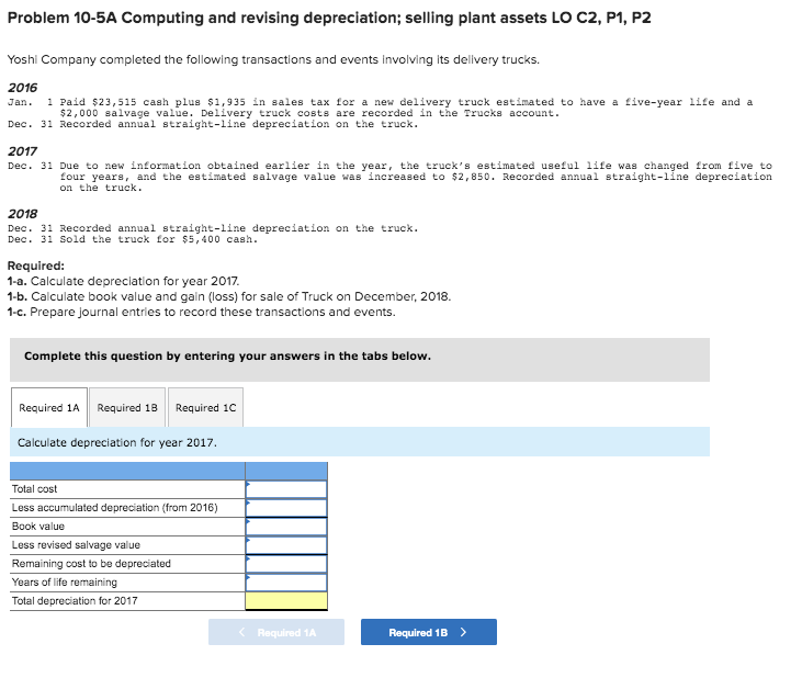  Problem 10-5A Computing and revising depreciation; selling plant assets LO C2,