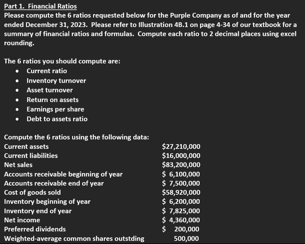 Part 1. Financial Ratios Please compute the 6 ratios requested below